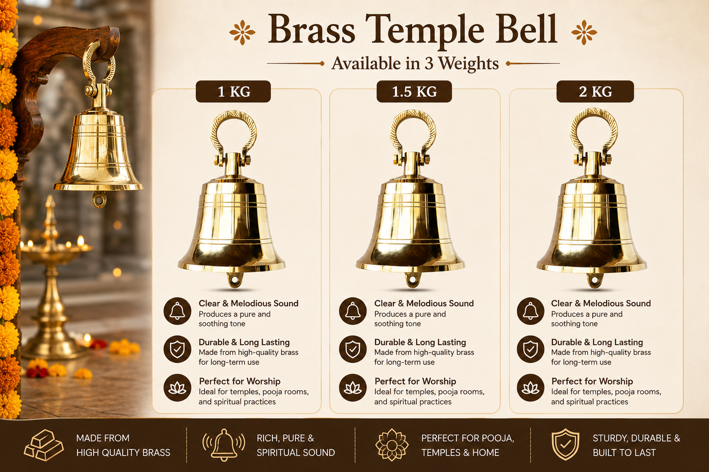 Brass Bell Temple Ghanta Pooja Bell (1 KG, Gold)