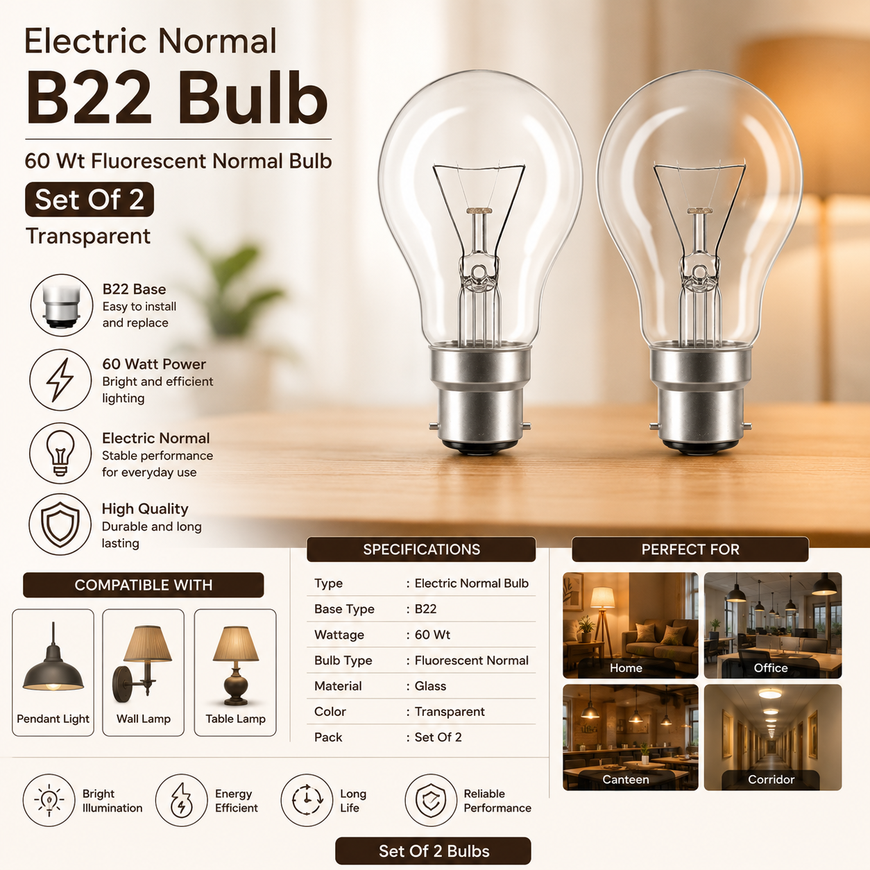 Electric Normal B22 Bulb 60 Wt Fluorescent Normal Bulb Set Of 2, Transparent