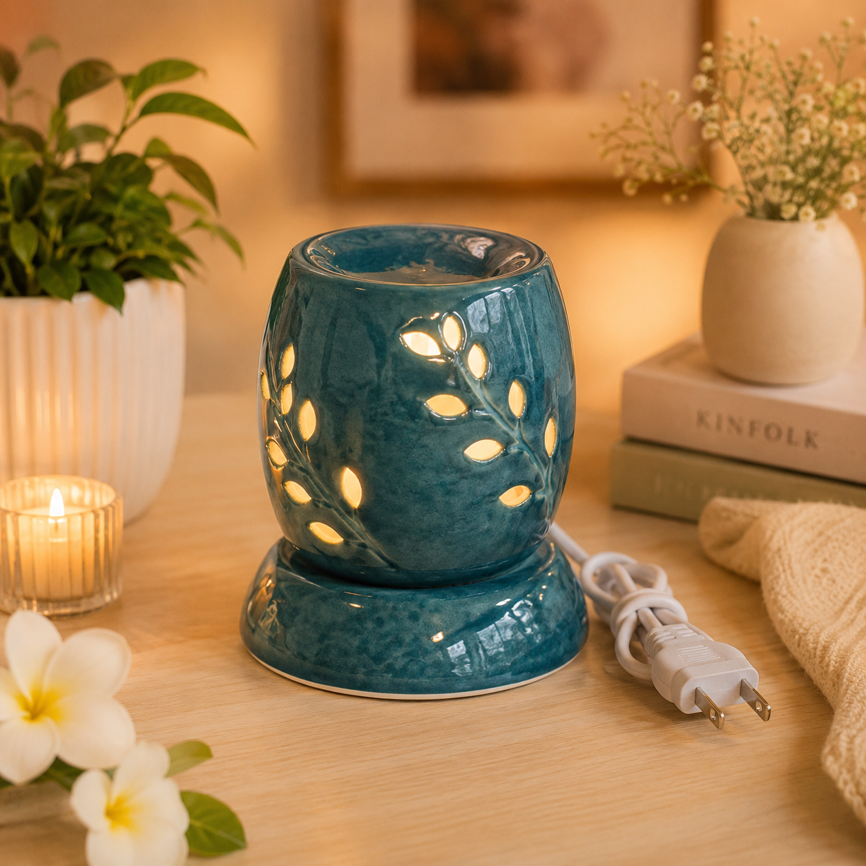 Pure Source India Ceramic Electric Aroma Diffuser Oil Burner/Oil Warmer Round Shape with Bulb (Green Small)