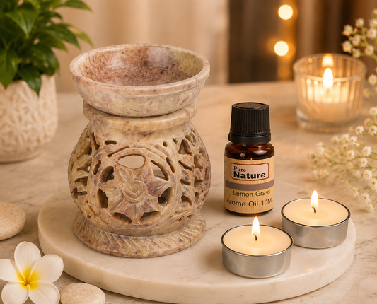 Pure Source India Soapstone Oil Burner Set, 4 Inch, Natural Brown