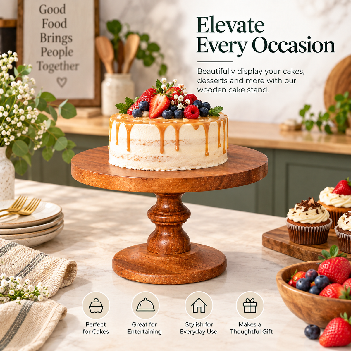 Pure Source India Natural Wooden Cake Stand & Serving Platter – 10 x 6 Inch