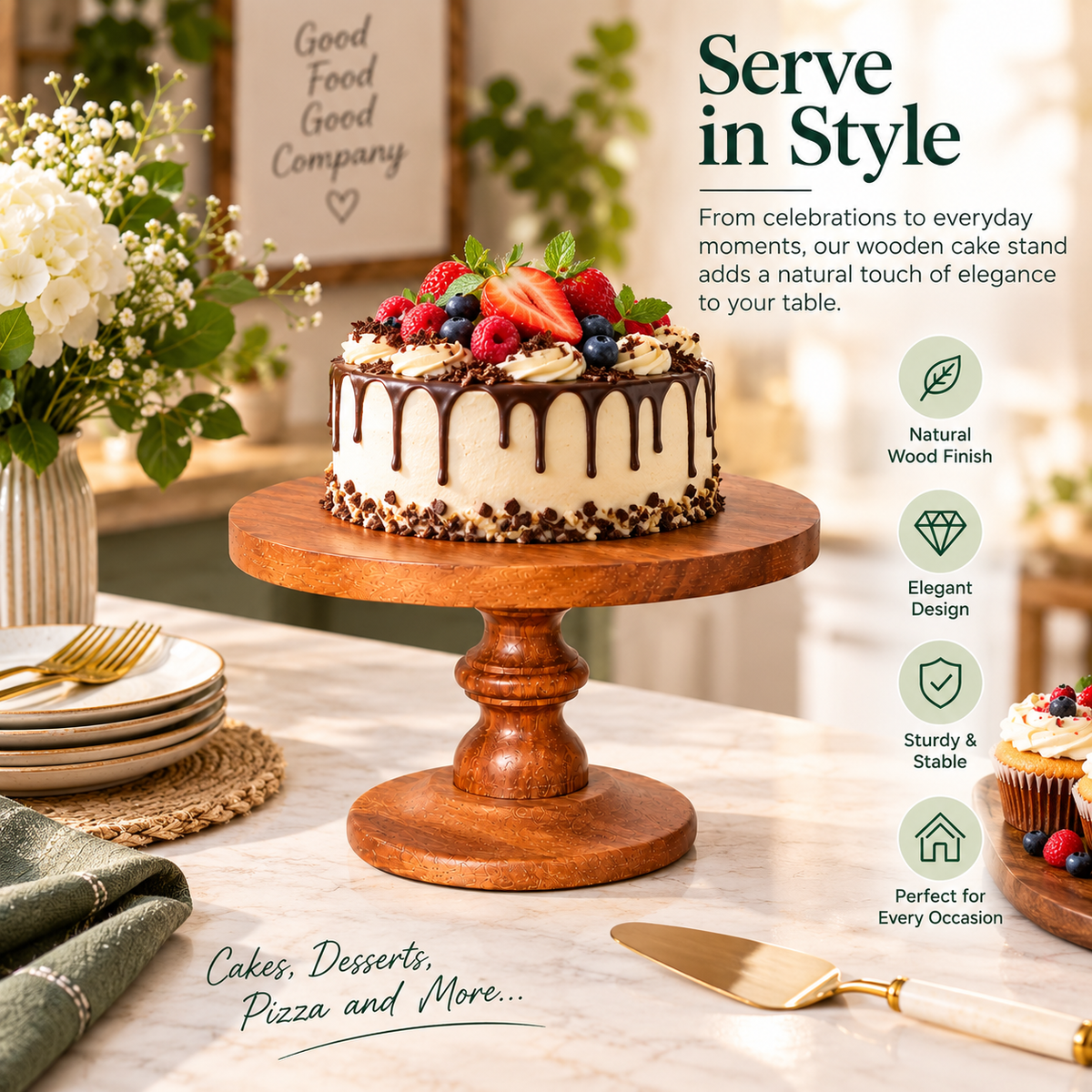 Pure Source India Natural Wooden Cake Stand & Serving Platter – 10 x 6 Inch