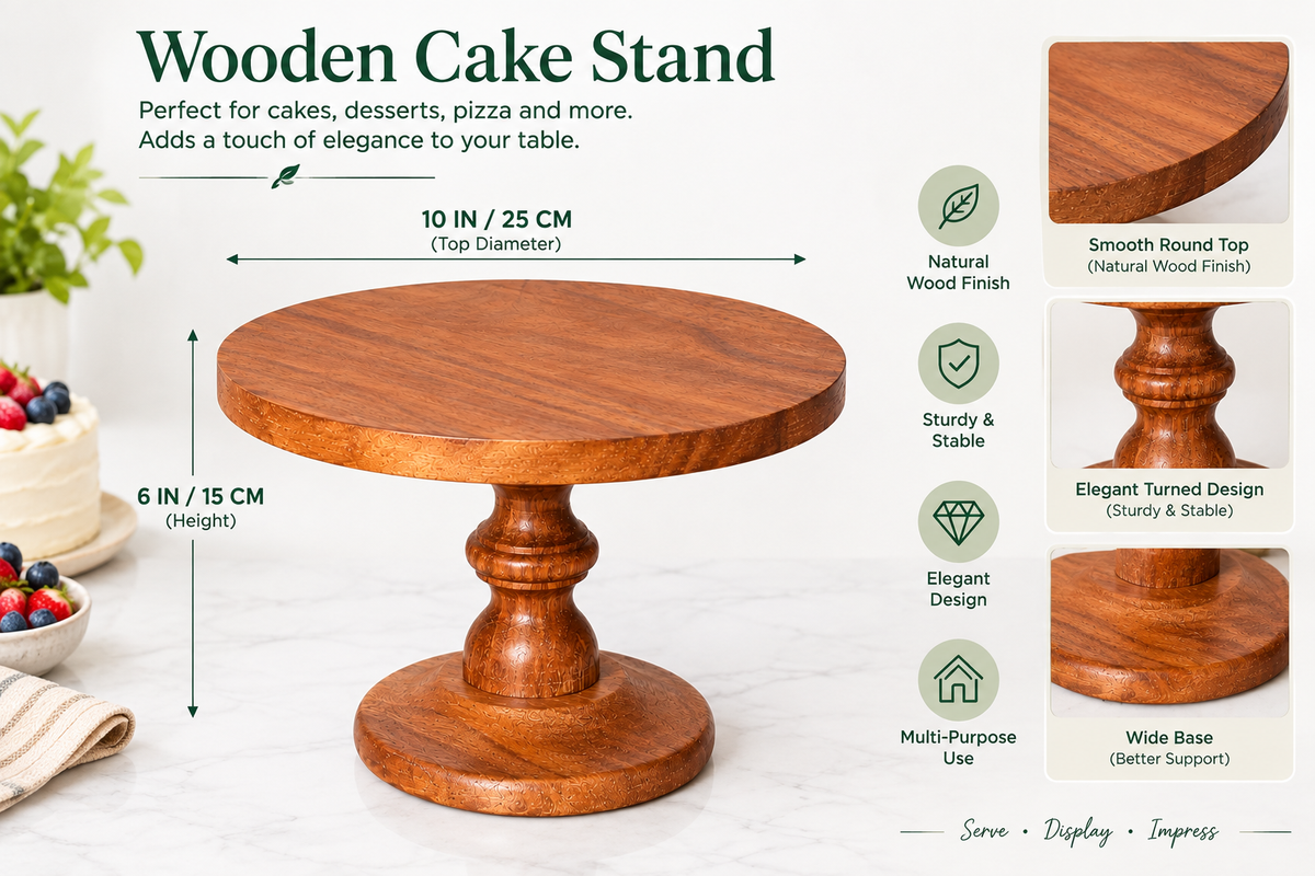 Pure Source India Natural Wooden Cake Stand & Serving Platter – 10 x 6 Inch