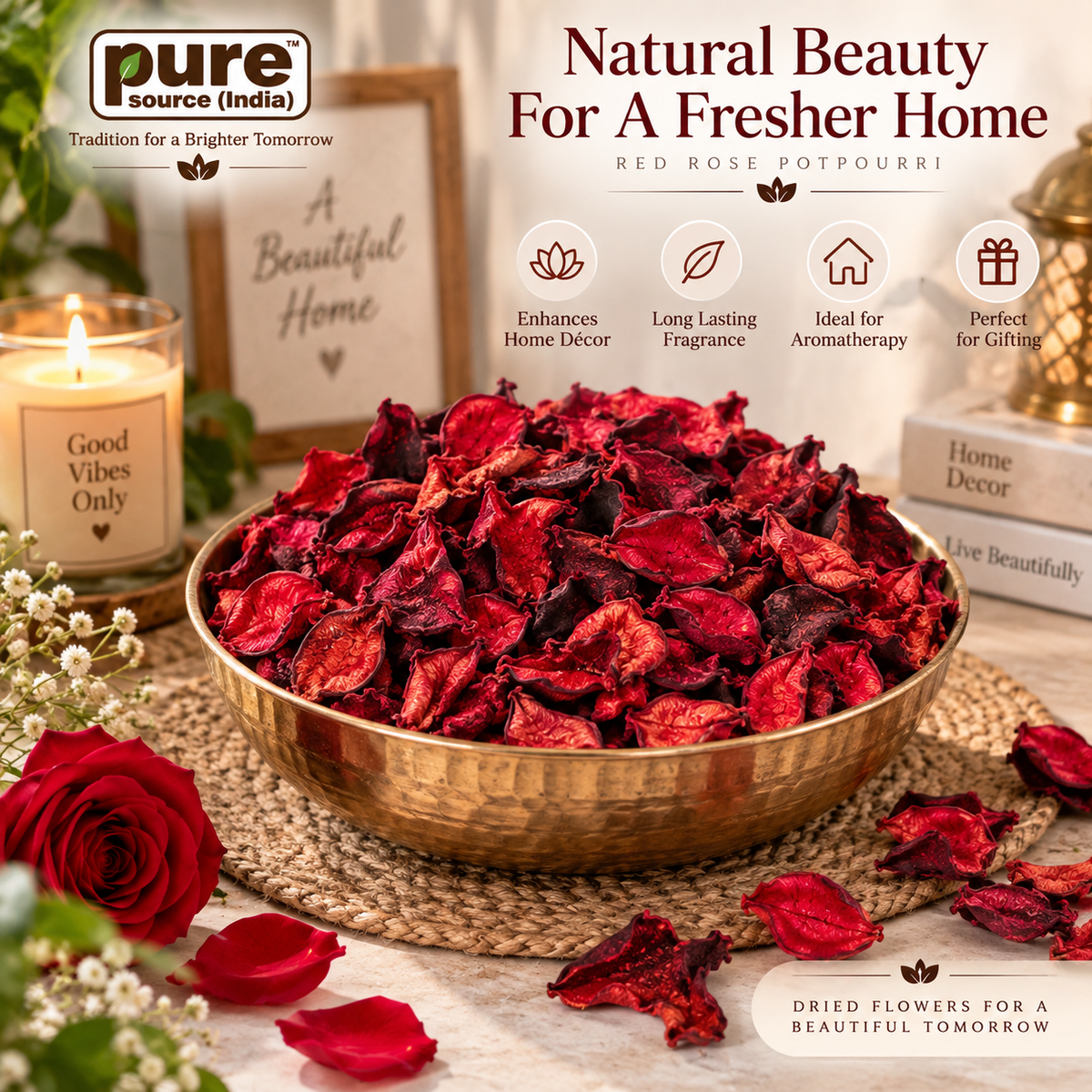 Pure Source India Red Rose Potpourri, 1 KG – Premium Dried Flower Potpourri for Home Décor, Fragrance & Gift Hampers