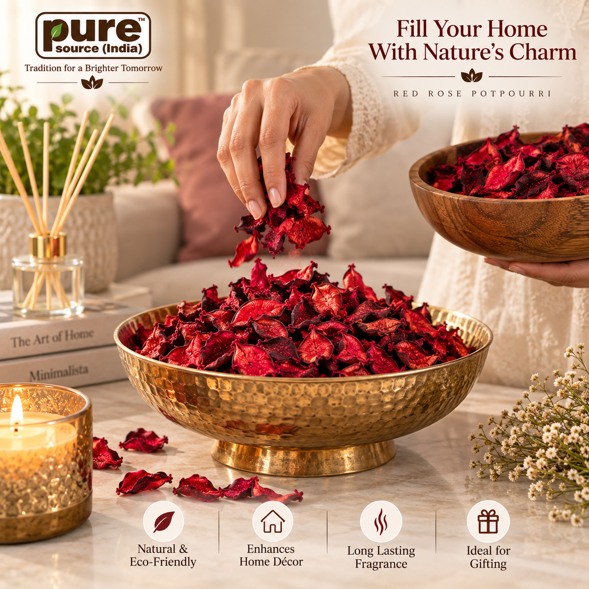 Pure Source India Red Rose Potpourri, 1 KG – Premium Dried Flower Potpourri for Home Décor, Fragrance & Gift Hampers