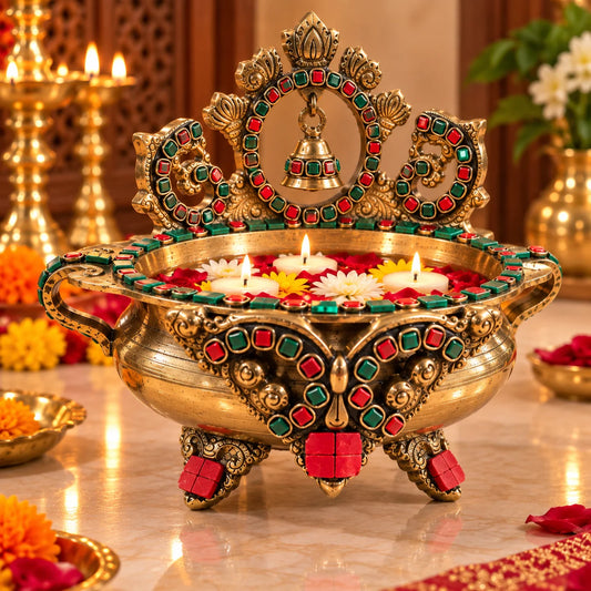 Pure Source India Heavy Brass Urli Bowl with Multicolor Traditional Embellishments – Decorative Indian Centerpiece for Home, Pooja & Festive Décor