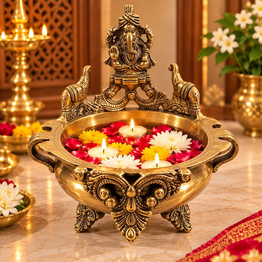 Pure Source India Brass Ganesha Urli Bowl, Heavy Traditional Indian Decorative Centerpiece, Floating Flower & Candle Bowl, Pooja & Home Décor, 19.5 × 20 × 15.5 cm