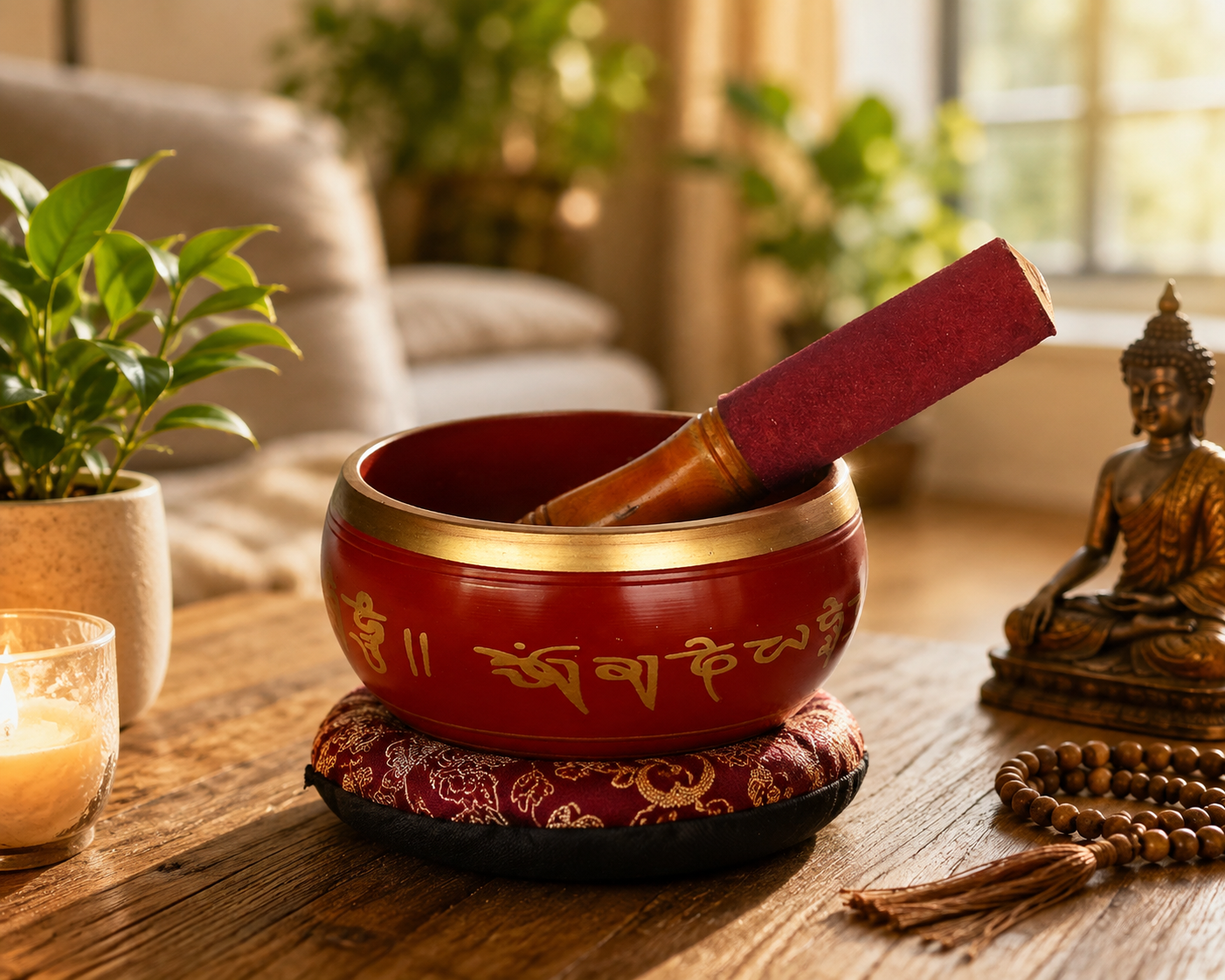 Pure Source India 5 Inch Brass Singing Bowl with Striker | Tibetan Buddhist Meditation Bowl | OM Bowl & Prayer Bell for Meditation, Pooja, Yoga & Music Therapy – Red