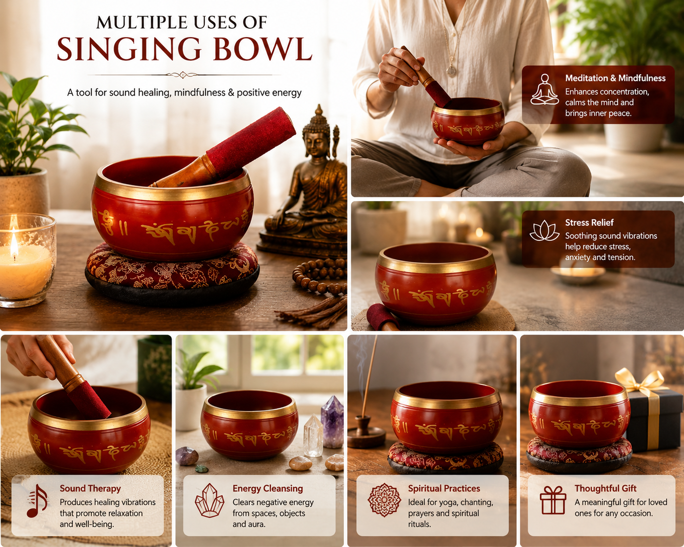 Pure Source India 5 Inch Brass Singing Bowl with Striker | Tibetan Buddhist Meditation Bowl | OM Bowl & Prayer Bell for Meditation, Pooja, Yoga & Music Therapy – Red