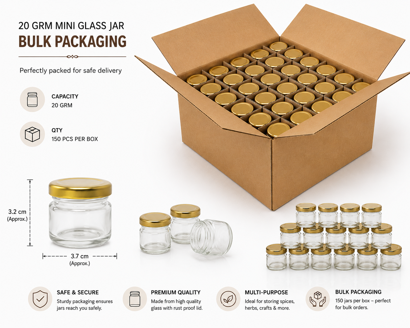 Pure Source India 20 Gram Mini Glass Jar with Gold Airtight Cap | Small Round Glass Jar for Candle, Balm, Scrub, Spices & Packaging | Bulk Order