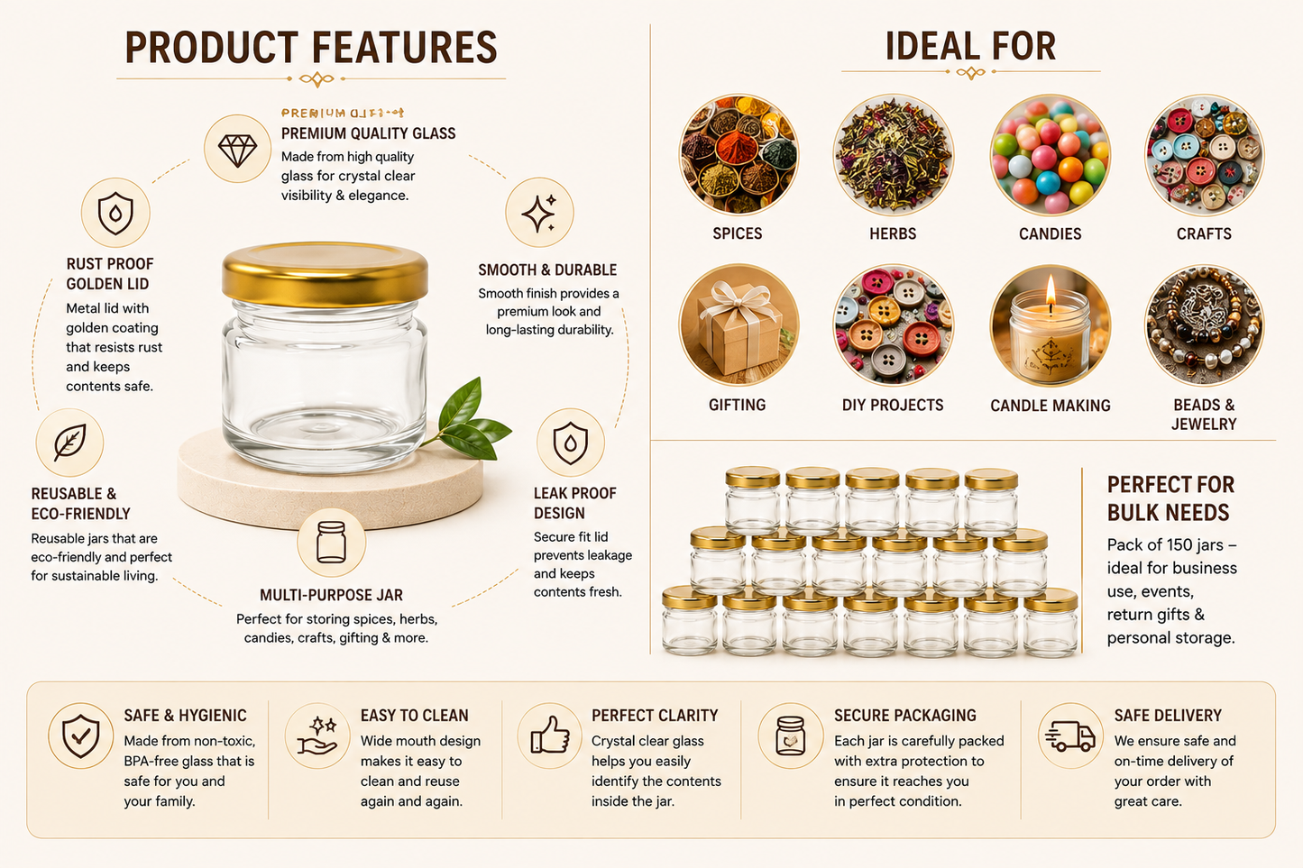 Pure Source India 20 Gram Mini Glass Jar with Gold Airtight Cap | Small Round Glass Jar for Candle, Balm, Scrub, Spices & Packaging | Bulk Order