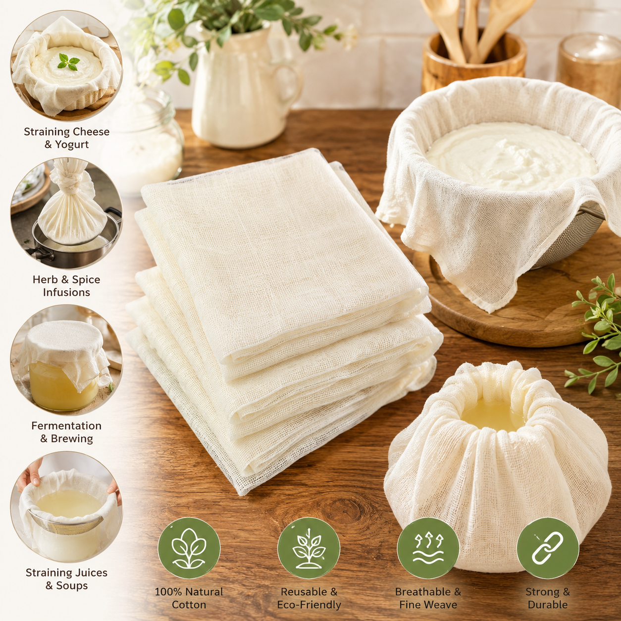 Pure Source India 100% Cotton Muslin Cloth for Kitchen | Unbleached Food Grade Cheesecloth for Straining, Roti Wrapping, Momos & Idli Steaming | Reusable Cooking Cloth