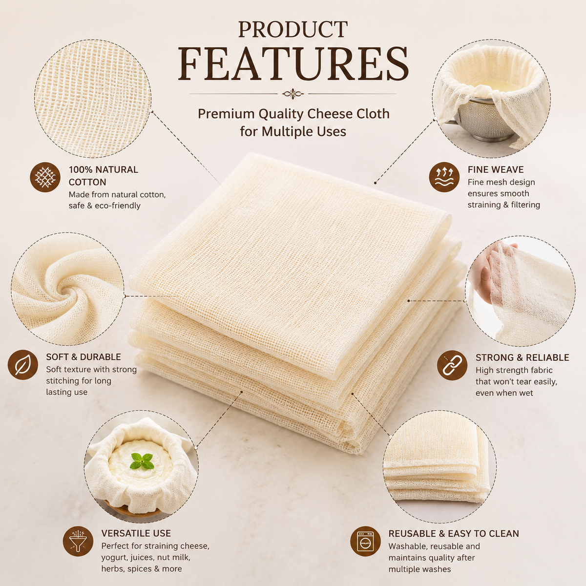 Pure Source India 100% Cotton Muslin Cloth for Kitchen | Unbleached Food Grade Cheesecloth for Straining, Roti Wrapping, Momos & Idli Steaming | Reusable Cooking Cloth