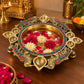 Pure Source India Heavy Brass Urli Bowl with Diya Holders & Hanging Bells, Traditional Indian Decorative Centerpiece, Floating Flower & Candle Bowl, Pooja Home Décor, 26.5 × 24 × 9 cm