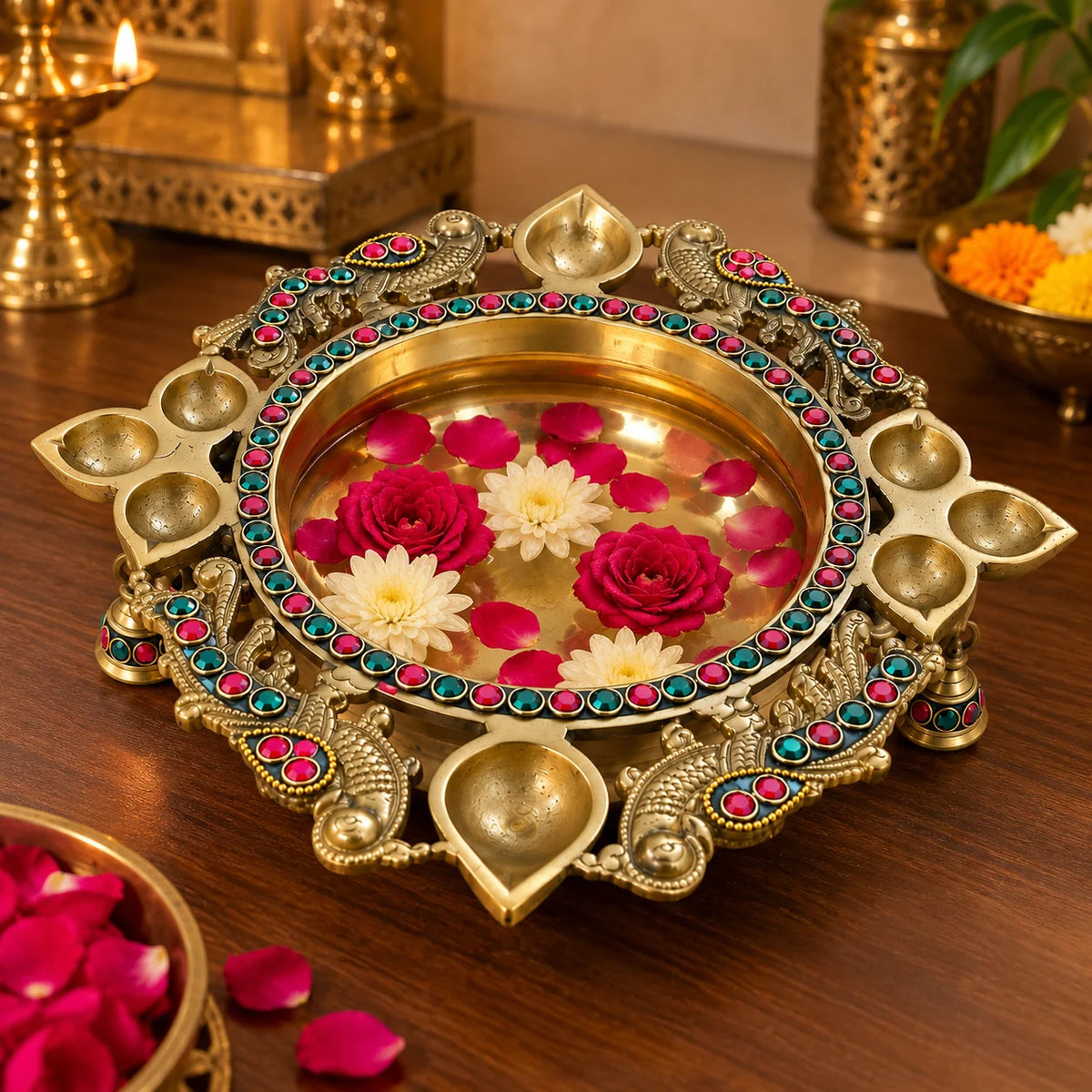 Pure Source India Heavy Brass Urli Bowl with Diya Holders & Hanging Bells, Traditional Indian Decorative Centerpiece, Floating Flower & Candle Bowl, Pooja Home Décor, 26.5 × 24 × 9 cm