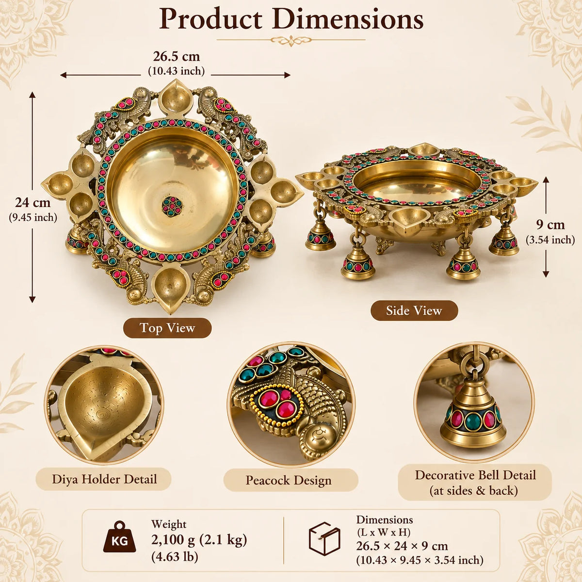 Pure Source India Heavy Brass Urli Bowl with Diya Holders & Hanging Bells, Traditional Indian Decorative Centerpiece, Floating Flower & Candle Bowl, Pooja Home Décor, 26.5 × 24 × 9 cm