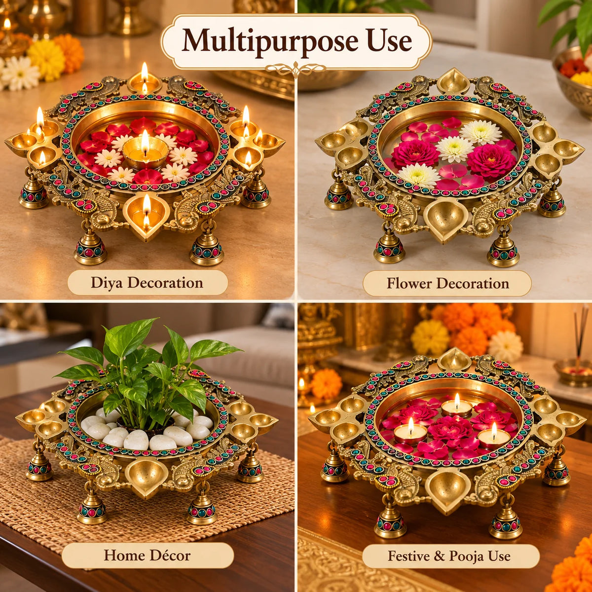 Pure Source India Heavy Brass Urli Bowl with Diya Holders & Hanging Bells, Traditional Indian Decorative Centerpiece, Floating Flower & Candle Bowl, Pooja Home Décor, 26.5 × 24 × 9 cm