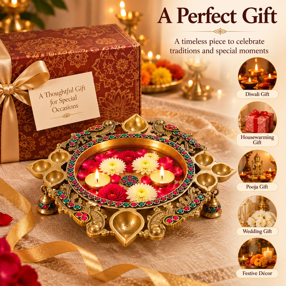 Pure Source India Heavy Brass Urli Bowl with Diya Holders & Hanging Bells, Traditional Indian Decorative Centerpiece, Floating Flower & Candle Bowl, Pooja Home Décor, 26.5 × 24 × 9 cm