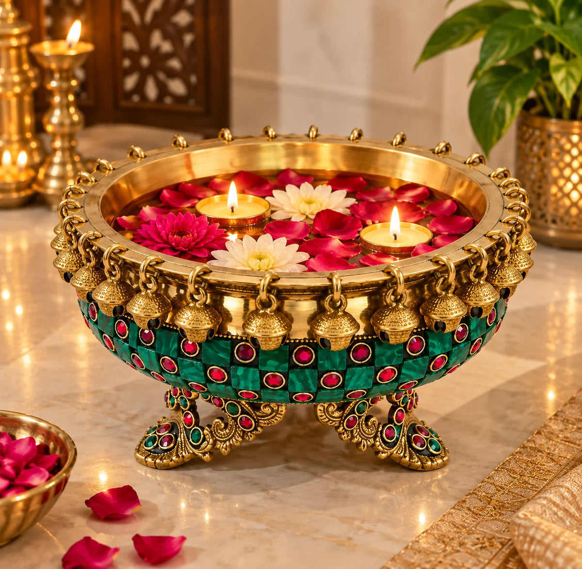 Pure Source India Premium Brass Urli Bowl for Home Décor, Indian Decorative Bowl with Embellished Design | Floating Flower & Candle Centerpiece for Diwali, Pooja, Weddings & Festive Décor