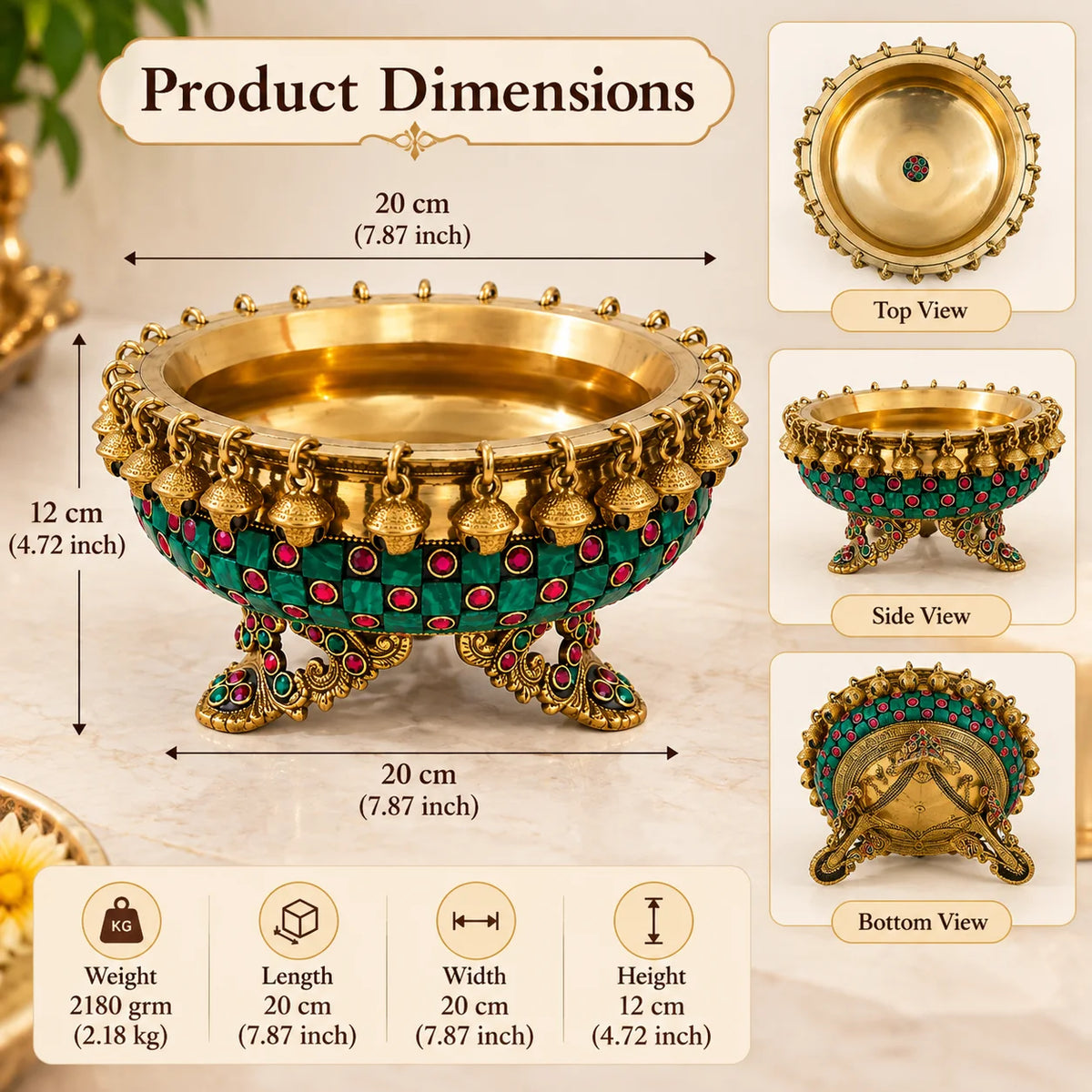 Pure Source India Premium Brass Urli Bowl for Home Décor, Indian Decorative Bowl with Embellished Design | Floating Flower & Candle Centerpiece for Diwali, Pooja, Weddings & Festive Décor