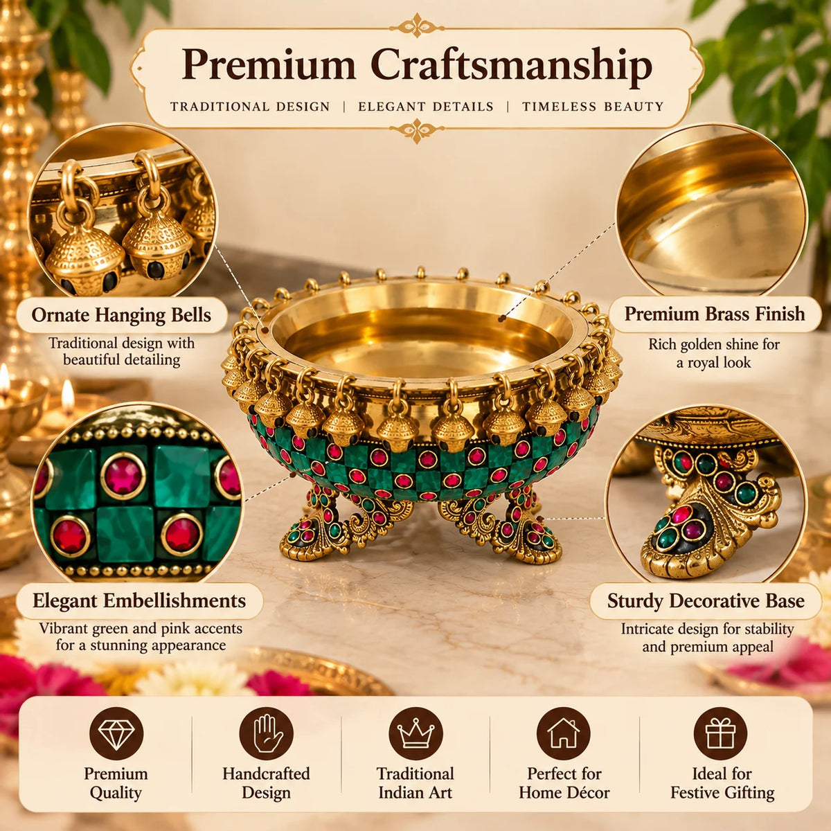 Pure Source India Premium Brass Urli Bowl for Home Décor, Indian Decorative Bowl with Embellished Design | Floating Flower & Candle Centerpiece for Diwali, Pooja, Weddings & Festive Décor
