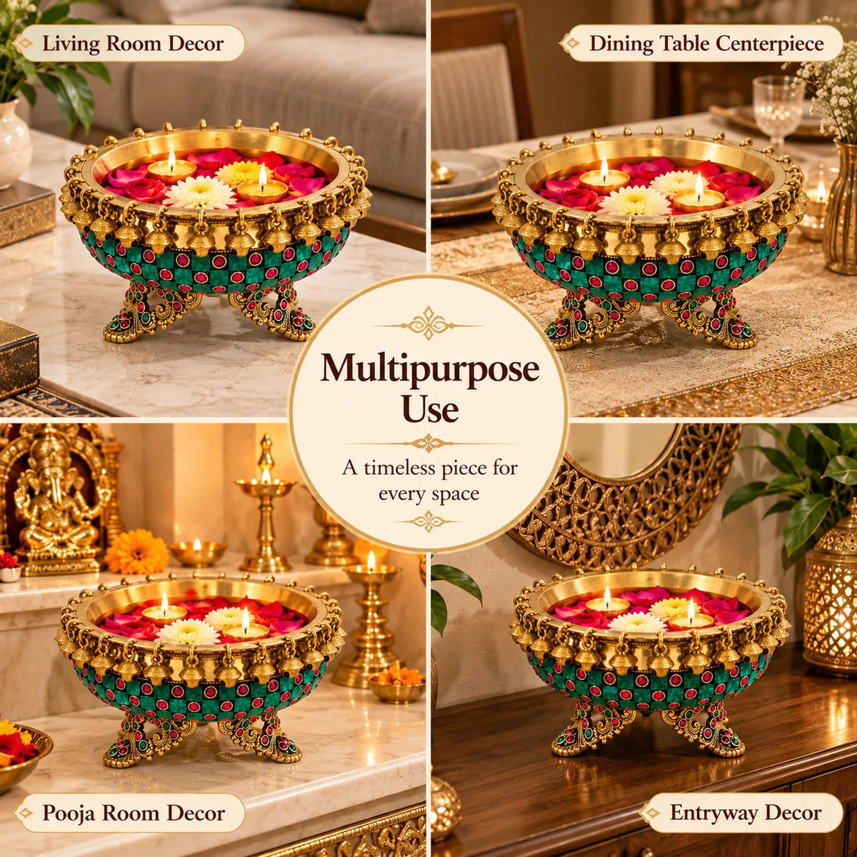Pure Source India Premium Brass Urli Bowl for Home Décor, Indian Decorative Bowl with Embellished Design | Floating Flower & Candle Centerpiece for Diwali, Pooja, Weddings & Festive Décor