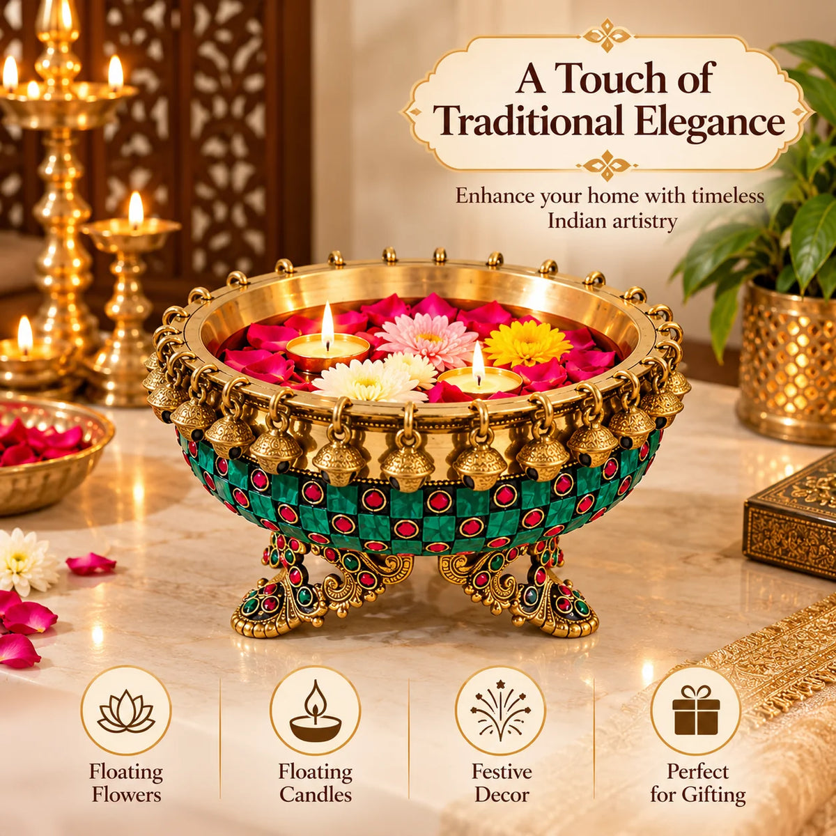Pure Source India Premium Brass Urli Bowl for Home Décor, Indian Decorative Bowl with Embellished Design | Floating Flower & Candle Centerpiece for Diwali, Pooja, Weddings & Festive Décor