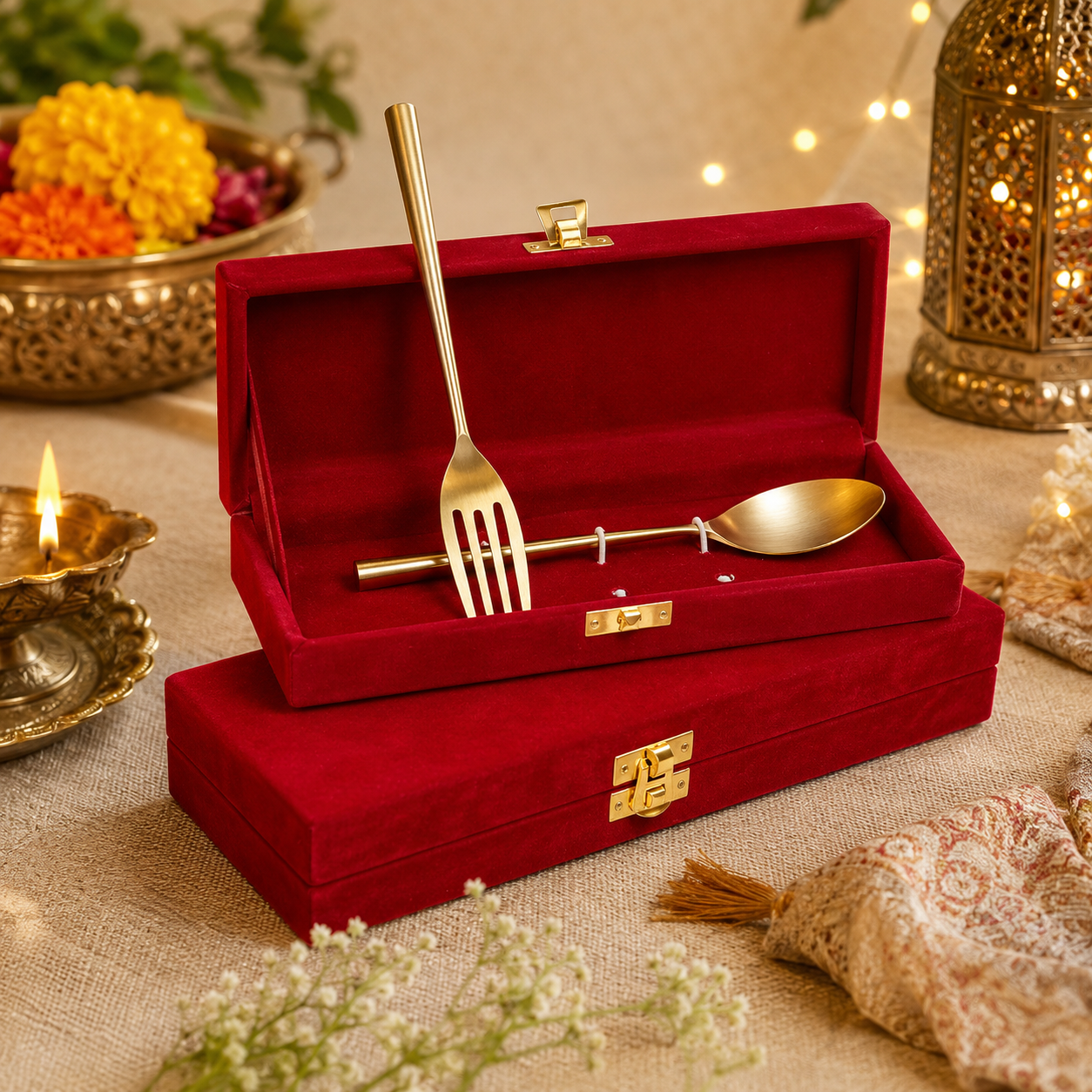 Pure Source India Brass Spoon & Fork Set, 2 Piece | 7 Inch Table Spoon & Fork | Traditional Brass Cutlery for Kitchen, Dining, Pooja, Diwali Gift & All Occasions