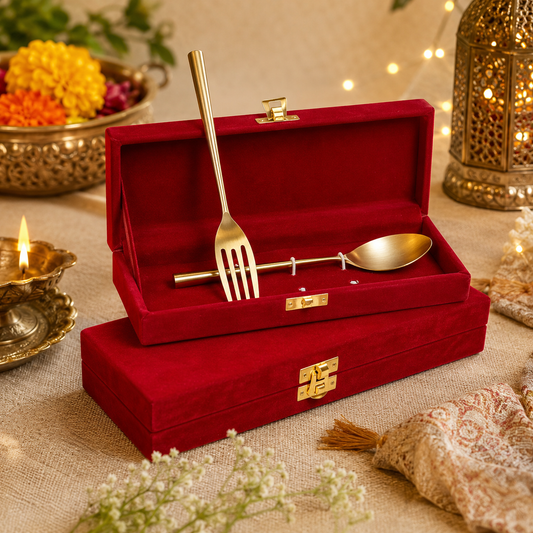 Pure Source India Brass Spoon & Fork Set, 2 Piece | 7 Inch Table Spoon & Fork | Traditional Brass Cutlery for Kitchen, Dining, Pooja, Diwali Gift & All Occasions