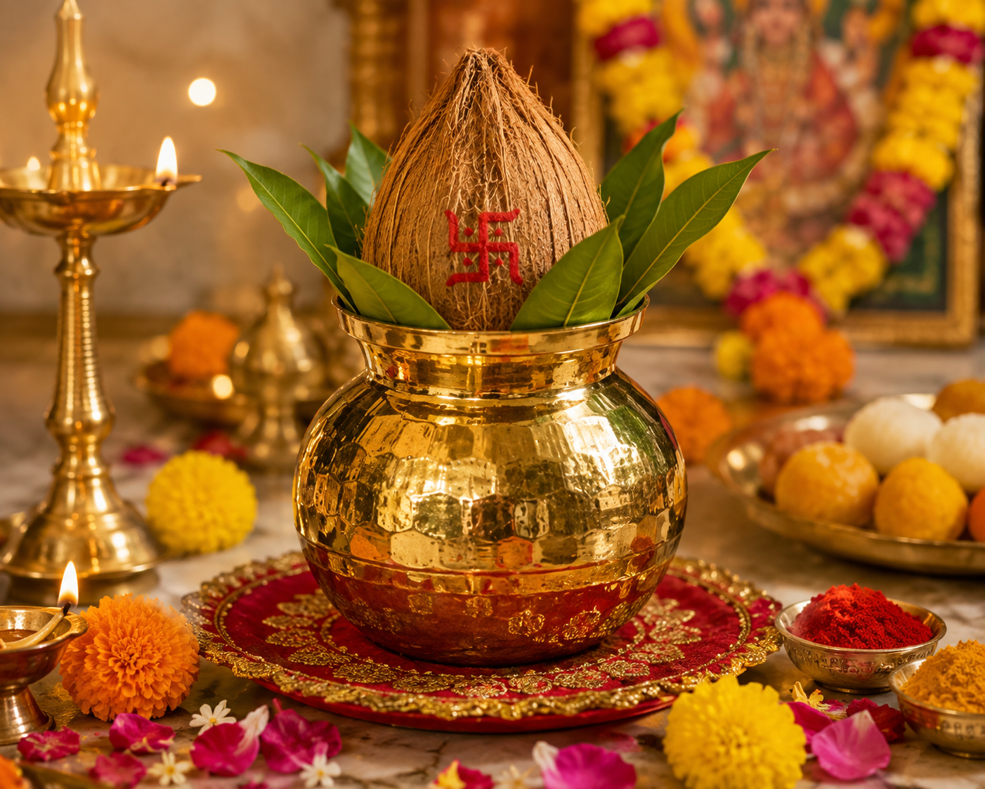 Pure Source India Diamond Cut Brass Lota for Puja | Brass Kalash 1000 ML | 5.5 Inch Gold Finish Traditional Pooja Lota | Hindu Religious Pooja Item & Home Temple Decoration