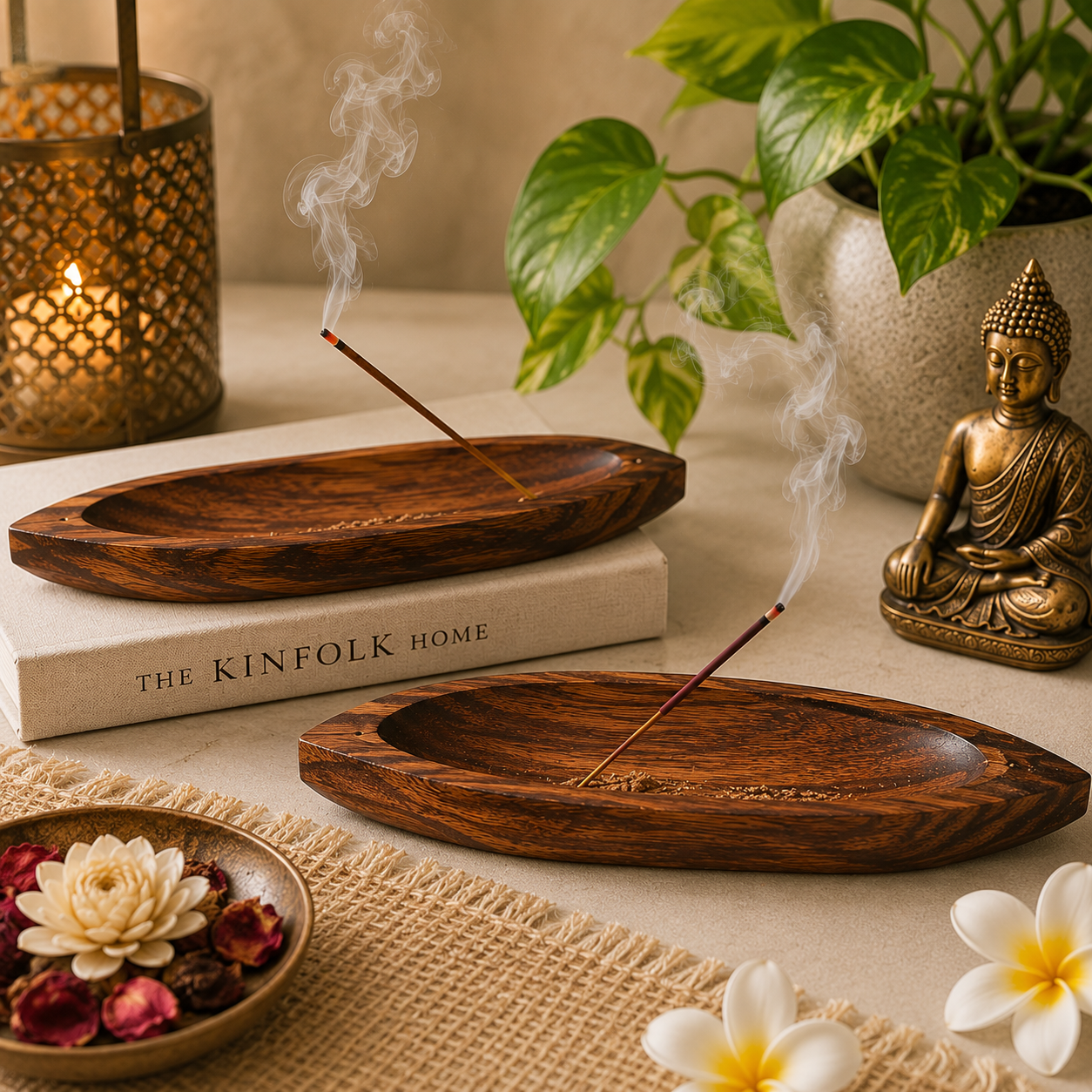 Wooden Incense Holder & Ash Catcher – Handmade Natural Wood Bote Shape Stick Burner with 2 Slots (11 x 3 Inch - 1 Piece) for Home Temple & Meditation