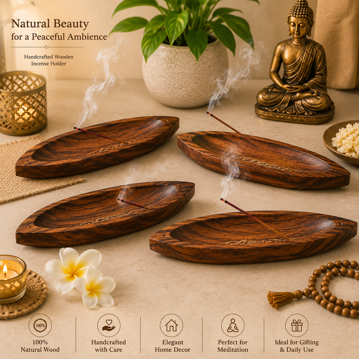 Wooden Incense Holder & Ash Catcher – Handmade Natural Wood Bote Shape Stick Burner with 2 Slots (11 x 3 Inch - 1 Piece) for Home Temple & Meditation