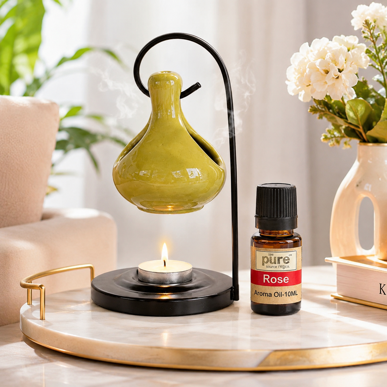 Pure Source India Hanging Ceramic Oil Burner with 4 Tealight Candle & 10 ML Oil