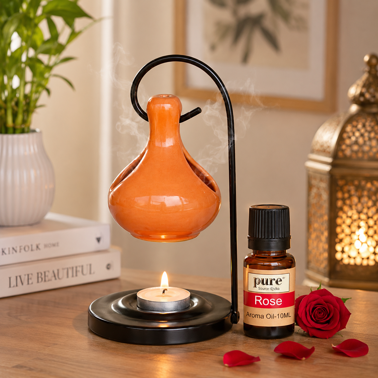 Pure Source India Hanging Ceramic Oil Burner with 4 Tealight Candle & 10 ML Oil