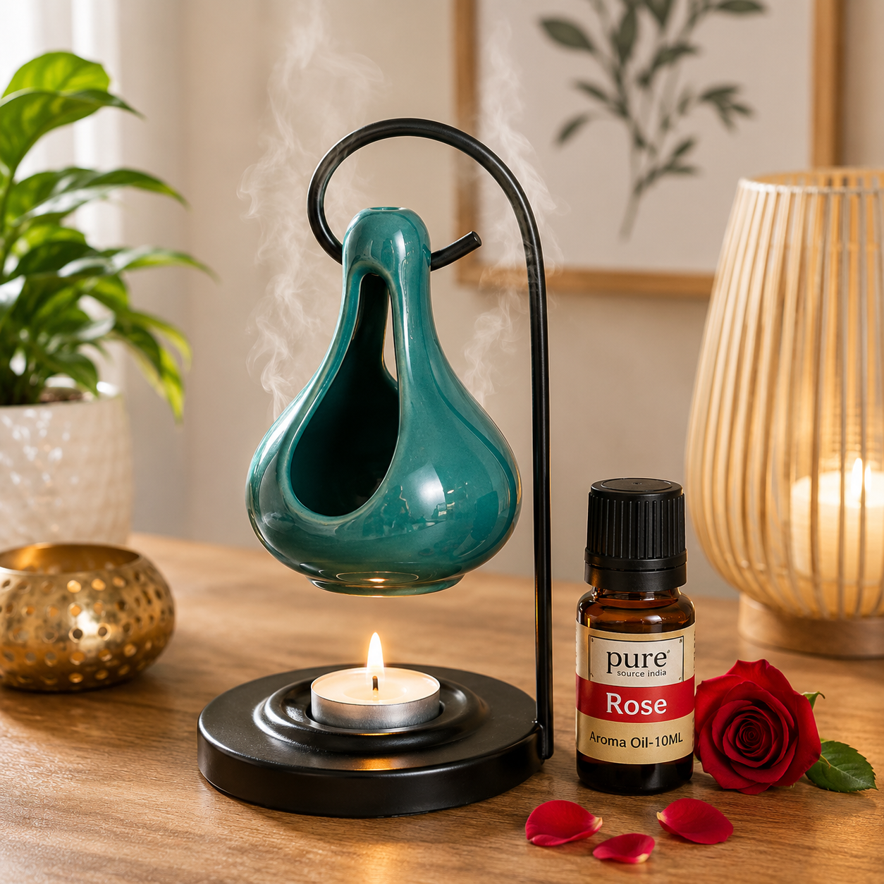Pure Source India Hanging Ceramic Oil Burner with 4 Tealight Candle & 10 ML Oil