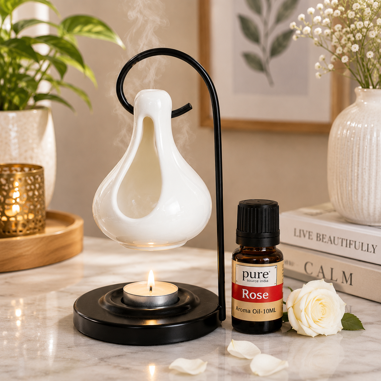 Pure Source India Hanging Ceramic Oil Burner with 4 Tealight Candle & 10 ML Oil