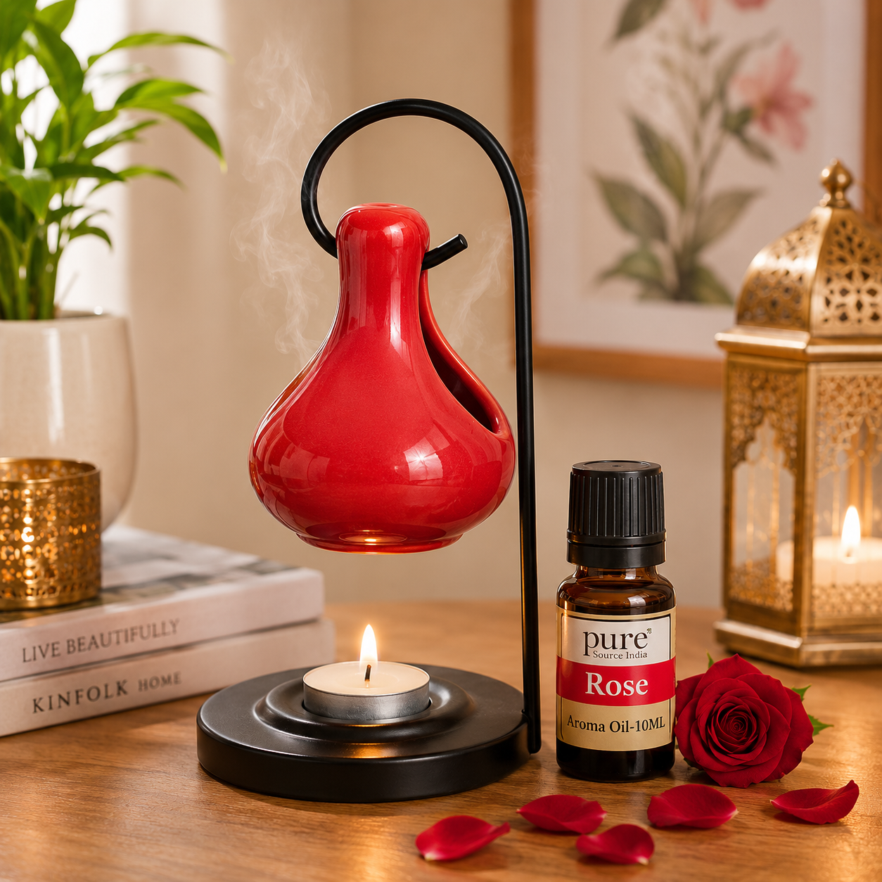 Pure Source India Hanging Ceramic Oil Burner with 4 Tealight Candle & 10 ML Oil