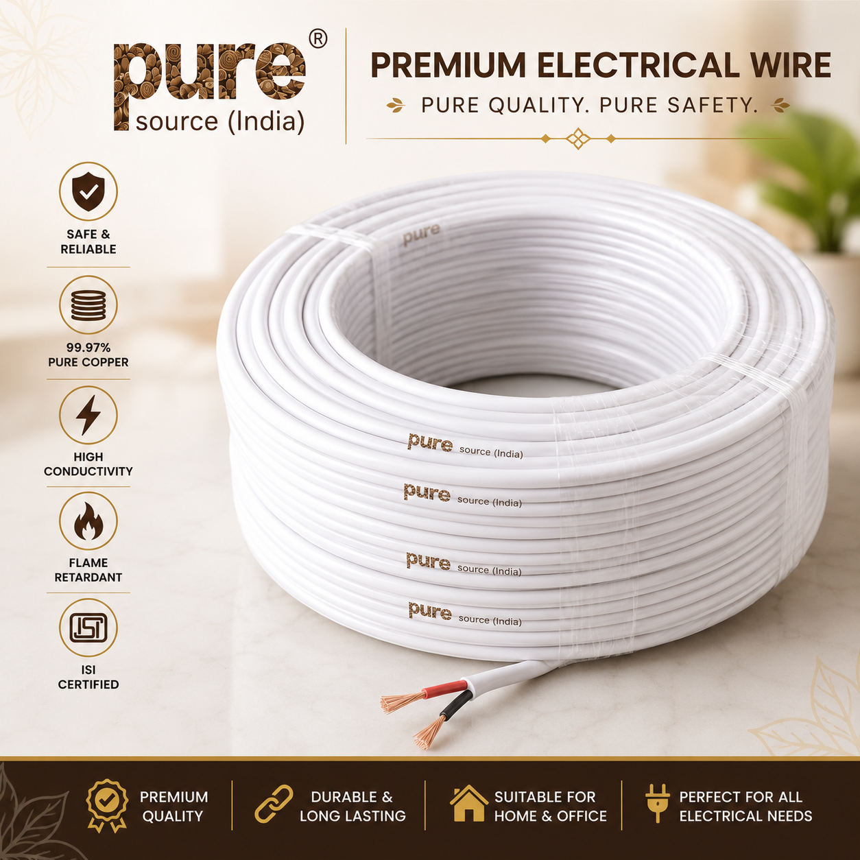 Pure Source India Flexible Twin Flat 2 core Copper Electrical Wire for Home & Domestic Industrial Electric Wiring