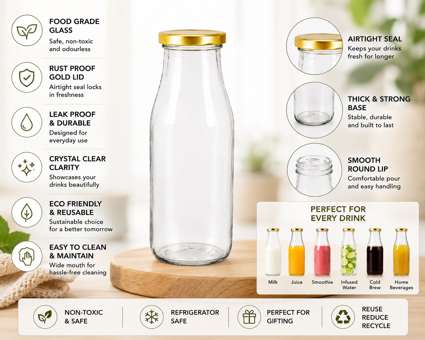 Pure Source India 300 ML Clear Glass Milk, Water and Juice Bottle With Airtight & Leak Proof Cap