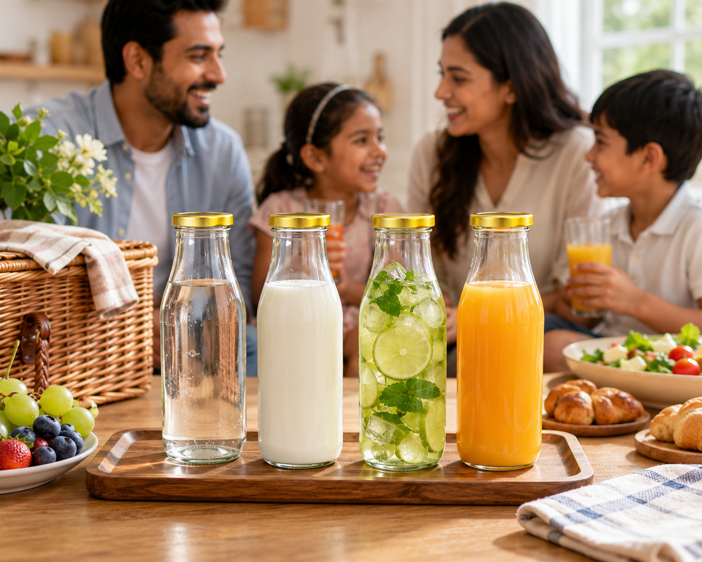 Pure Source India 300 ML Clear Glass Milk, Water and Juice Bottle With Airtight & Leak Proof Cap