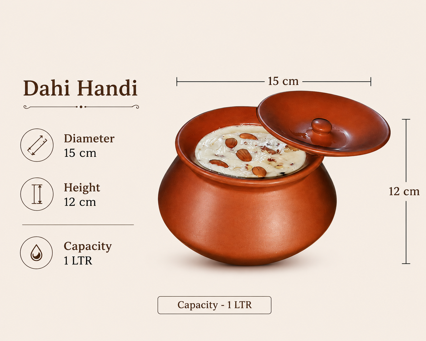Clay Dahi Handi, 1 Ltr, 1 Piece, Brown, Unglazed Terracotta, 1 Liter