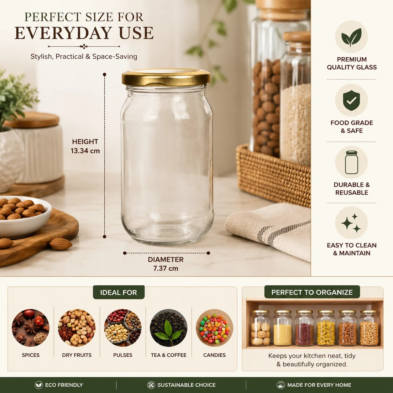 Pure Source India 500g Round Glass Jar with Gold Lug Cap | Airtight Food Storage Container | Glass Jar for Honey, Jam, Pickles, Spices, Sauces & Preserves | Bulk & Wholesale Packaging