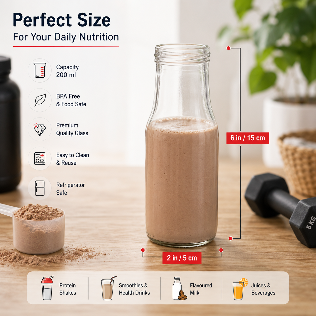 Pure Source India 200 ML Clear Glass Milk, Water and Juice Bottle with Airtight & Leak Proof Cap