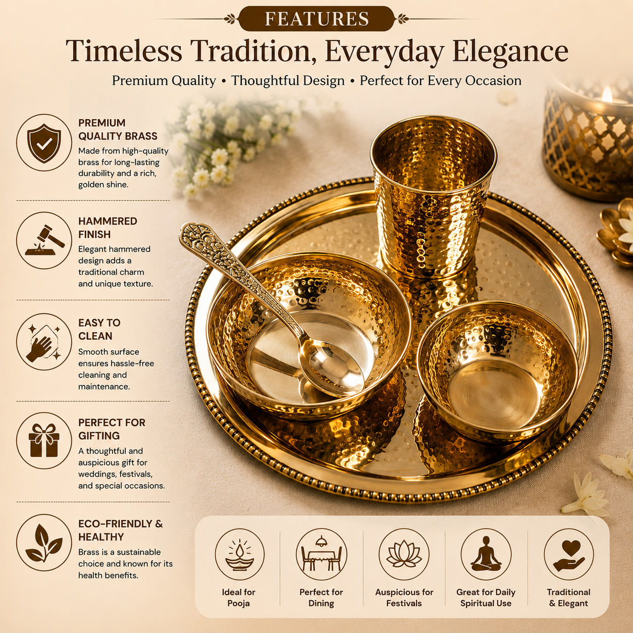 Brass Solid Dinner Thali Set - 5 Pieces, Gold