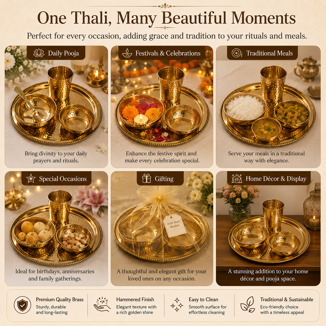 Brass Solid Dinner Thali Set - 5 Pieces, Gold