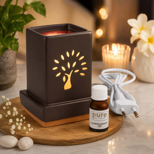 Pure Source India Ceramic Electric Aroma Oil Burner with Tree Cut-Out Design – 21 cm Decorative Fragrance Warmer (Black)