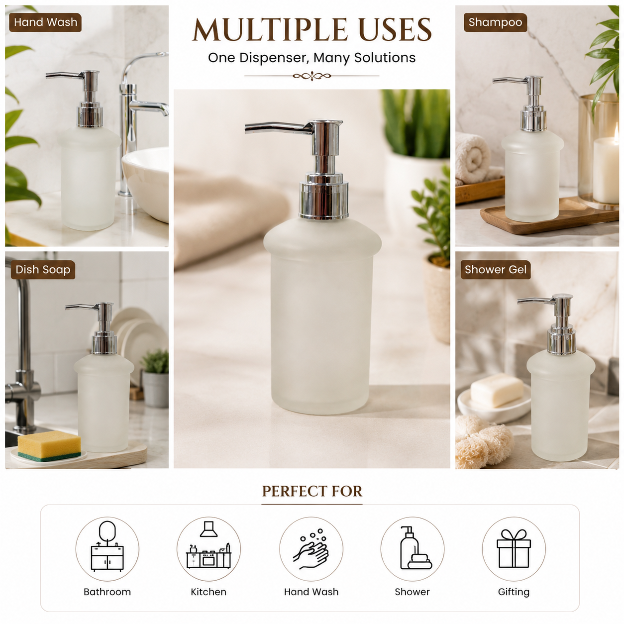 Pure Source India 150 ML Frosted Glass Soap Dispenser Bottle with Pump | Chrome Finish Liquid Hand Wash Dispenser for Bathroom, Kitchen & Sink