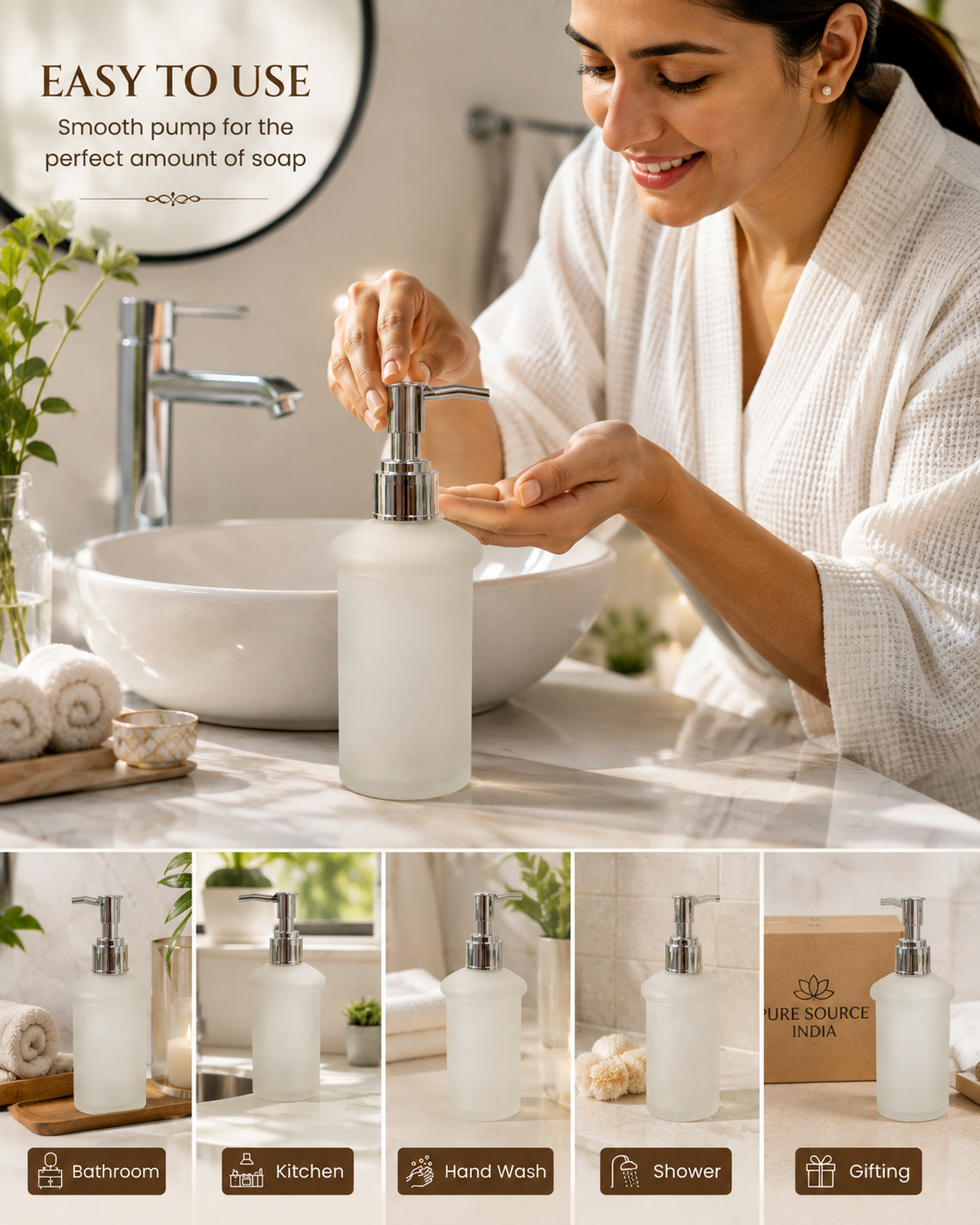 Pure Source India 150 ML Frosted Glass Soap Dispenser Bottle with Pump | Chrome Finish Liquid Hand Wash Dispenser for Bathroom, Kitchen & Sink