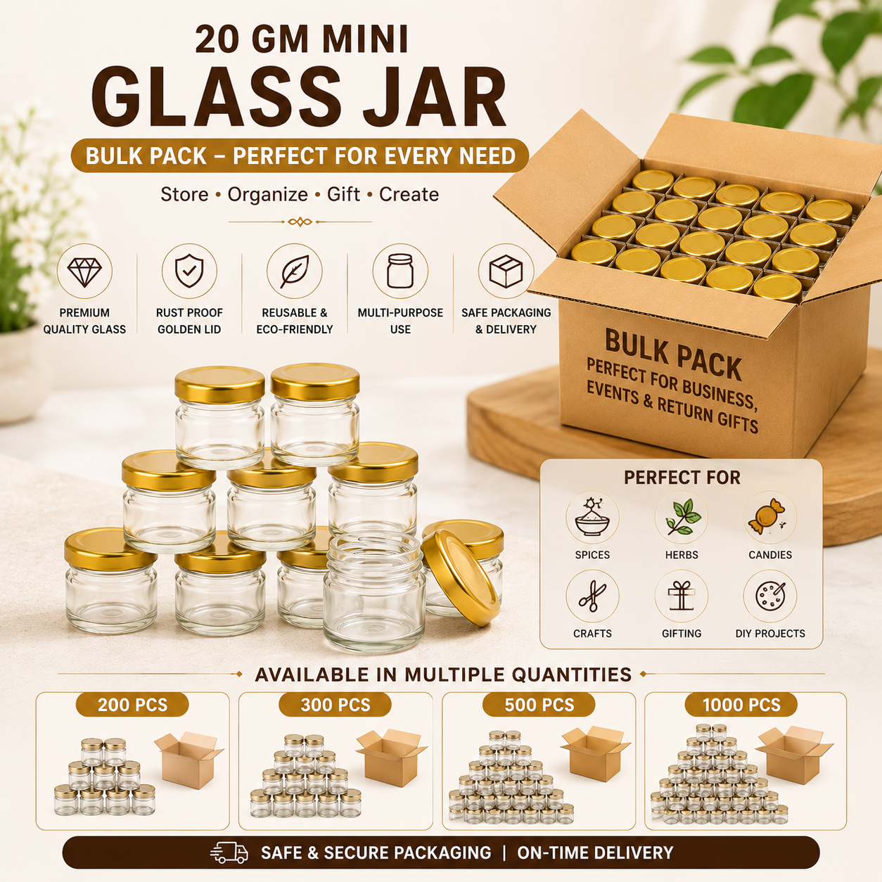 Pure Source India 20 Gram Mini Glass Jar with Gold Airtight Cap | Small Round Glass Jar for Candle, Balm, Scrub, Spices & Packaging | Bulk Order