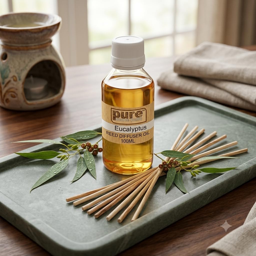 Pure Source India 100ML Eucalyptus  Aroma Reed Diffuser Refill , 8 Pcs Reed Stick Coming Free With This Reed Diffuser Oil